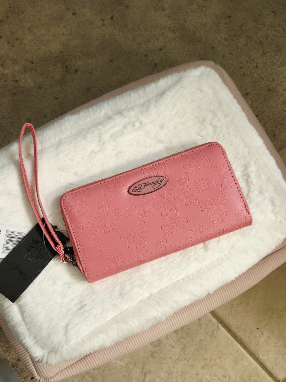 Ed Hardy Pink Embossed Zip-Around Wristlet Wallet with Wrist Strap